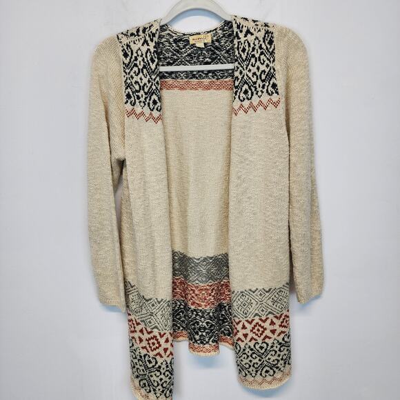 One World Aztec Tribal Cardigan Size M Cream Long Line Open Front Boho Western - Picture 1 of 16